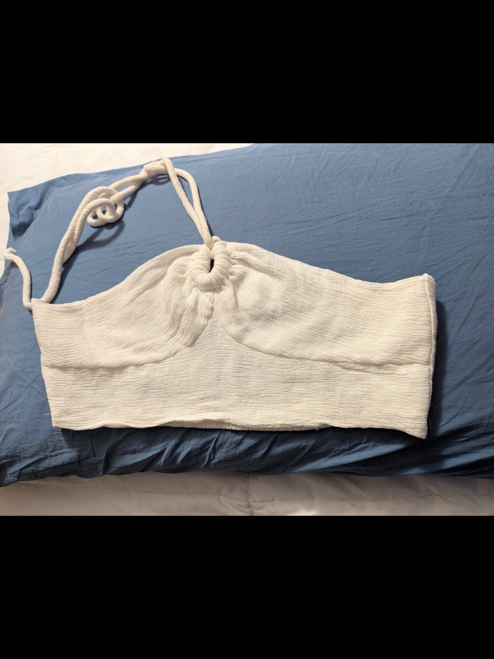 White Textured Halter Crop Top with Ring Detail